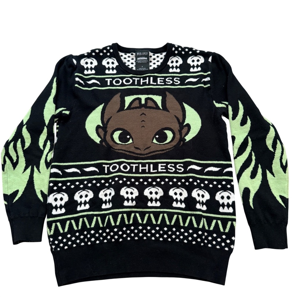 BoxLunch Toothless Sweater Mens Small Black Green Dragon Skulls Flames Graphic